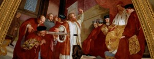 在由托斯卡纳学校画家创造了这幅壁画，伽利略被认为是显示出了他的望远镜总督（总裁判官）和威尼斯，意大利参议员。©的艺术资料库/ Corbis的。