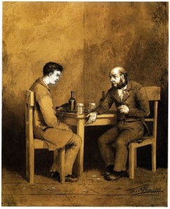拉斯柯尔尼科夫和他的邻居，Marmeladov，插图从1874年版的犯罪和处罚的陀思妥耶夫斯基。©美术图片/世遗景点/搜索类似的图片/ Getty图像。